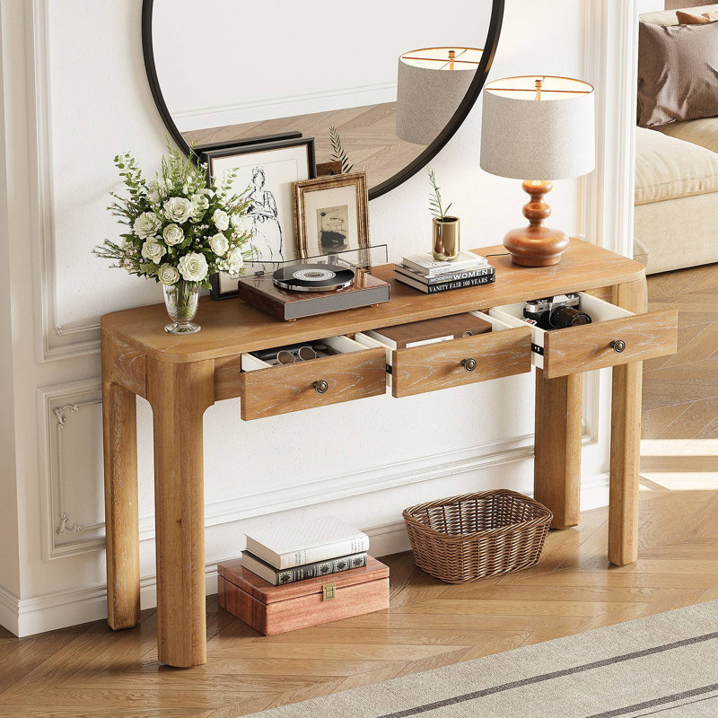Console rustique avec coins arrondis pour la sécurité, table d'entrée avec 3 tiroirs dissimulés, table de canapé robuste avec des pieds épais