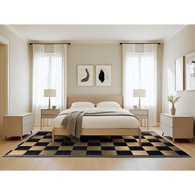 Tapis damier noir lavable à la machine, Rectangle 5 pi x 8 pi