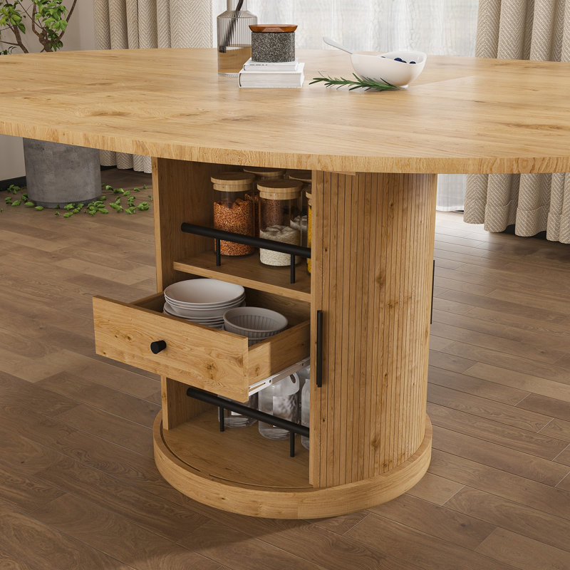 Table de salle à manger extensible ovale avec rangement à 2 niveaux, Chêne