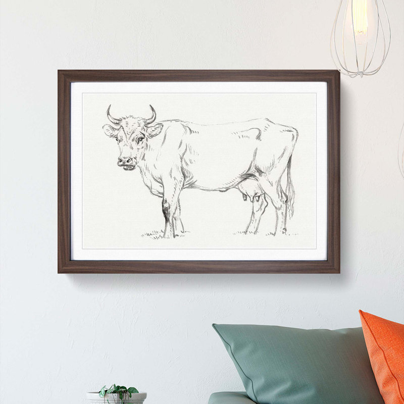 Standing Cow by Jean Bernard - Picture Frame Drawing Print, 27cm H x 36cm W x 2cm D, Walnut Framed