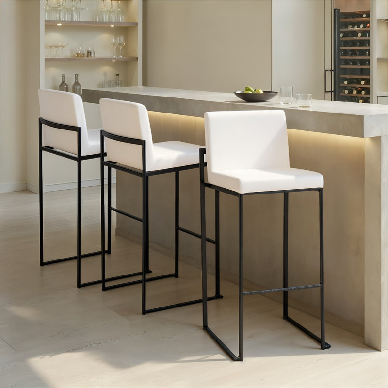 Tabouret de bar et de comptoir à dossier haut Brieon (ensemble de 2), Noir, Velours blanc, Tabouret de bar "30"