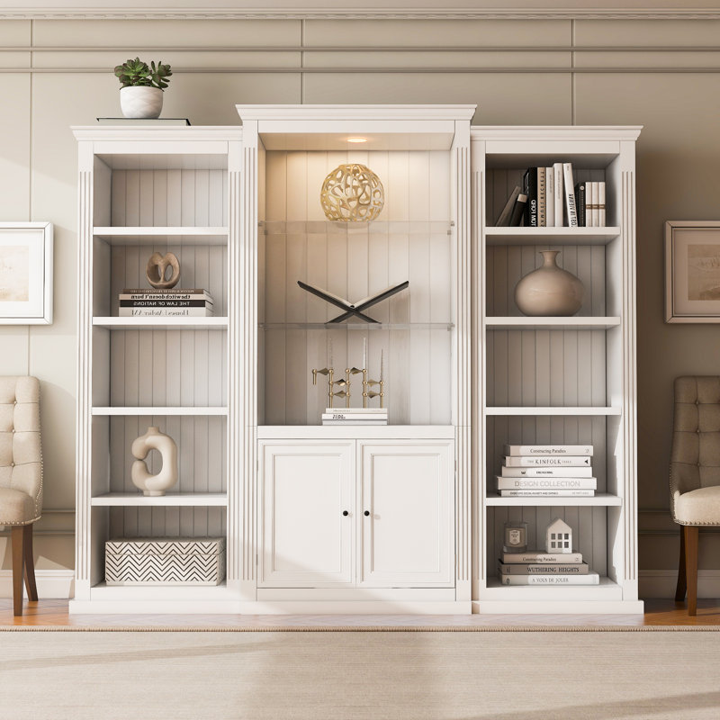 79" Tall 3-Piece Modern China Cabinet Set With 2 5-Tier Bookcases, Display Case With 1 Cabinet, 2 Adjustable Glass Shelves And 1 Led Lighting
