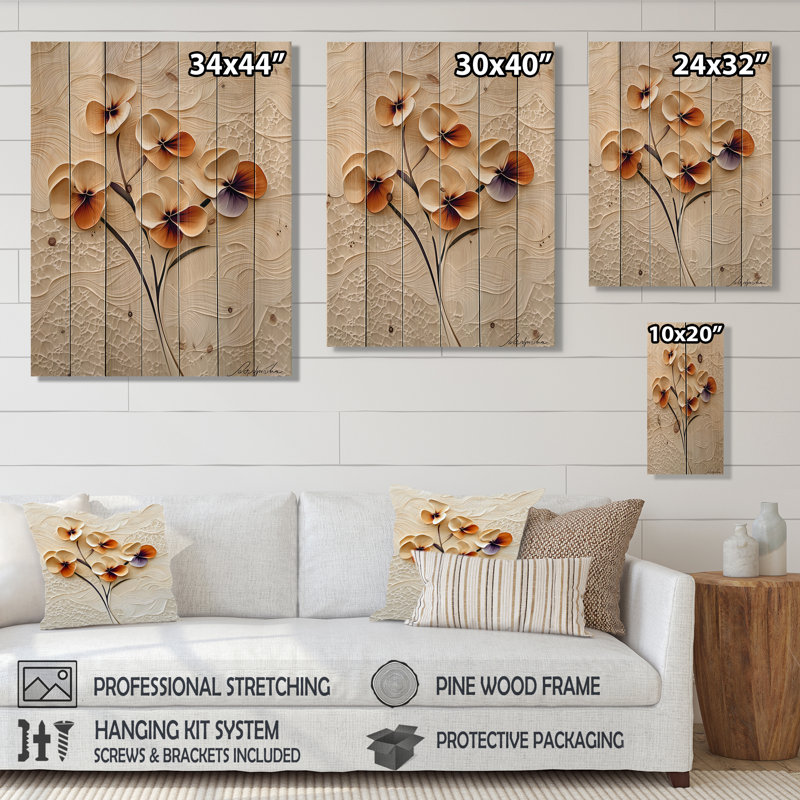 Whispers Of Spring Sweet Pea II - Flower Orange Wood Print On Natural Pine Wood, 40" H x 30" W x 0.78" D
