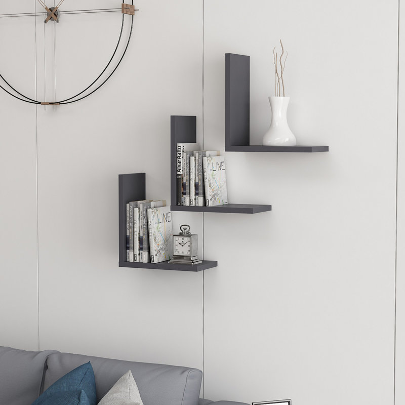 Lindy 3 Piece L-Shaped Floating Shelf with Adjustable Shelves, 11" H x 30" W x 16" D, Dark Grey
