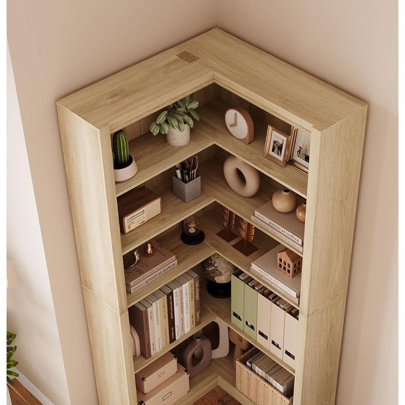 Corner Bookshelf, Farmhouse Corner Tall Bookcase 5 Tier L-shaped Corner Shelf Large Display Rack, Wood
