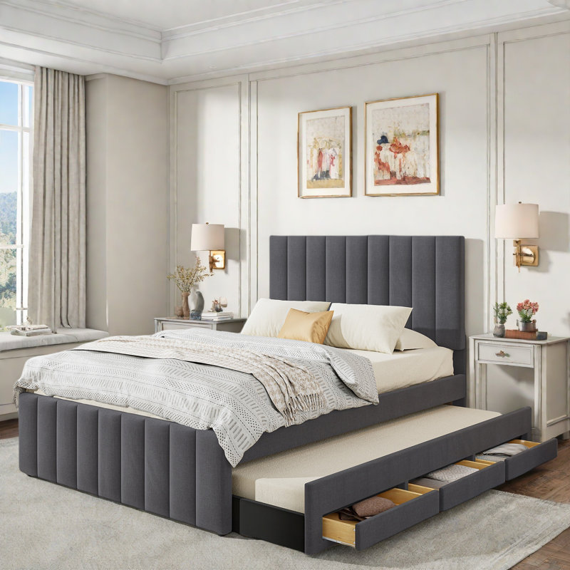 Lit plateforme double tapissier avec lit gigogne simple et 3 tiroirs, tissu en lin, Gris