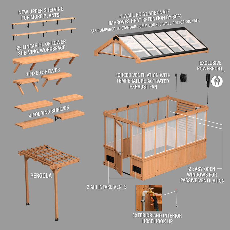 Ensemble de serre d'extérieur en bois de cèdre et polycarbonate 11 pi x 7 pi avec pergola Backyard Discovery Bellerose