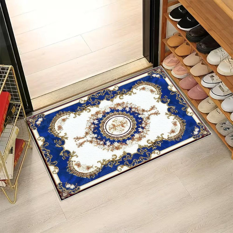 Ornate Blue And Gold Pattern Area Rug, Soft And Lightweight, Suitable For All Seasons, Easy To Maintain And Easy To Clean, Machine Washable Carpet Floor Mat, Suitable For Living Room, Bedroom, Dining Room, Balcony, Office, Room Decor, Home Decor, Outdoor