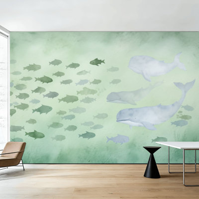 Peel and Stick Wallpaper Abstract School Fish Green Watercolor Wall Murals 100"H x 144"W Removable PVC Wall Paper Self-Adhesive Wall Decor for Bedroom Living Room Home Office