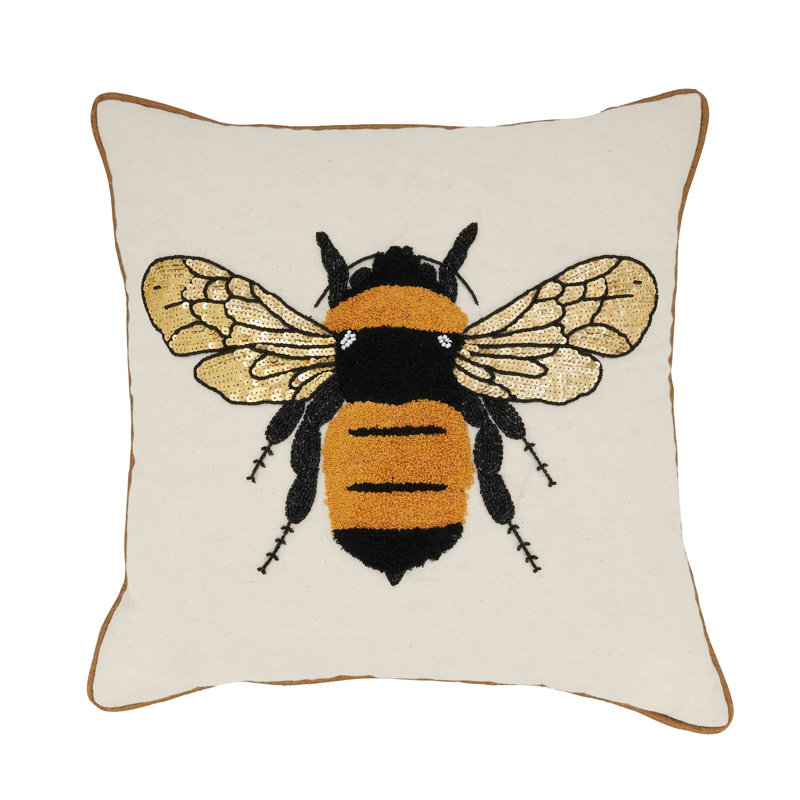 Beige Embroidered Bumble Bee Square Throw Pillow