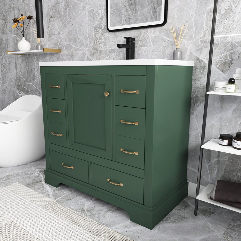 Meuble-lavabo autoportant 36 po avec lavabo en céramique 36 po, Or, Vert