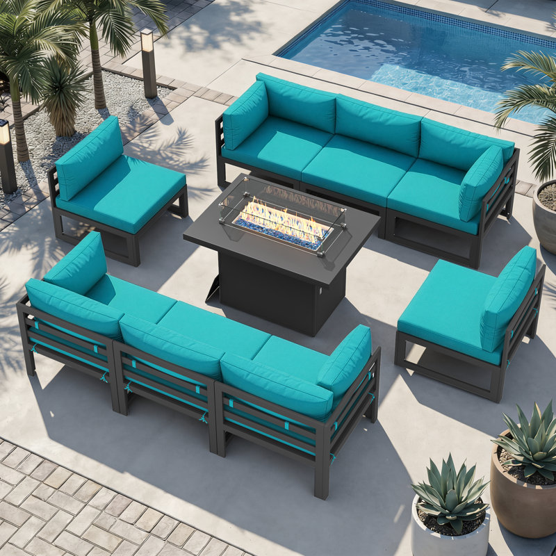Anevaeh 8-Person Outdoor Patio All-Aluminum Sectional Conversation Set with Fire Pit Table and Cushions, Green