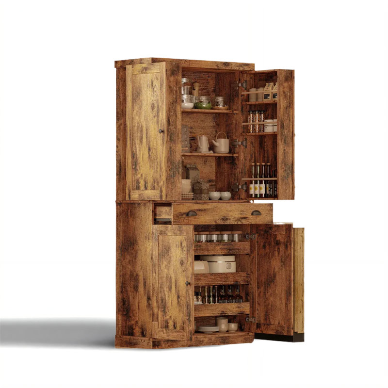 Kitchen Pantry Cabinet - Sliding Rack, 6 Hanging/Adjustable Shelves, 2-Door (Solid+Engineered Wood, 5 Wood Tones), Brown