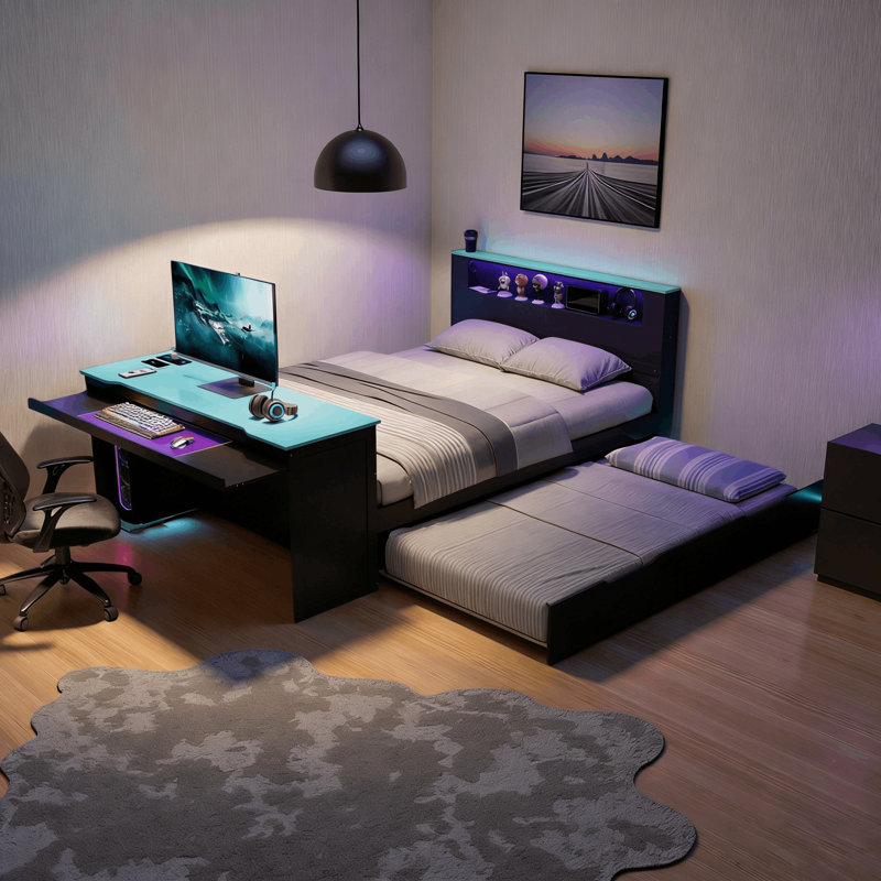 Modern Bed With Computer Desk, Trundle And Lighted Headboard, Wooden Daybed, Blue, Full