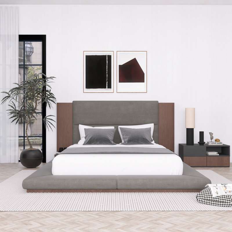 Lit plateforme tapissier de plancher avec tête de lit en bois allongée et tablette de chevet sans sommier, Grand lit