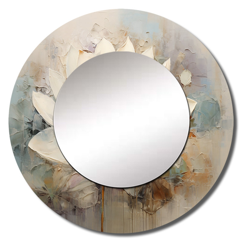 Antique Lotus Connection I - miroir de lotus, miroir mural rond beige, impression d'art en métal, 23 po x 23 po