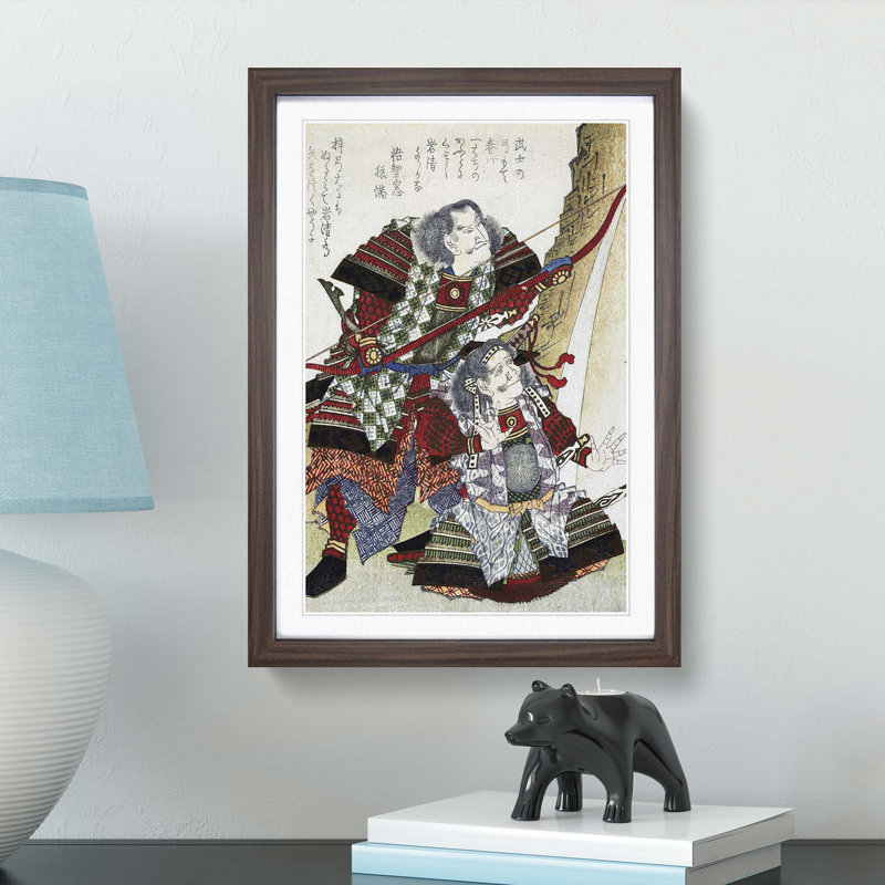 Two Warriors by Yashima Gakutei - Picture Frame Painting Print, 36cm H x 27cm W x 2cm D, Walnut Framed