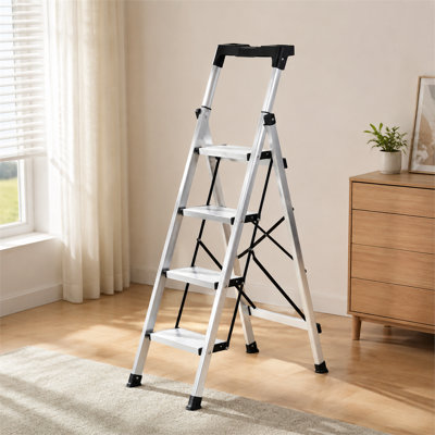 Silver 4-Step Folding Aluminum Ladder with Anti-Slip Wide Steps, Lightweight Portable Step Ladder with Handrail for Home and Kitchen