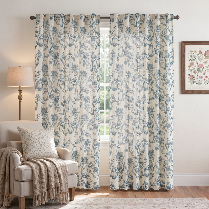 Nathnael Linen Blend Toile Semi-Sheer Curtain Panel Pair , 50" W x 84" L, Blue