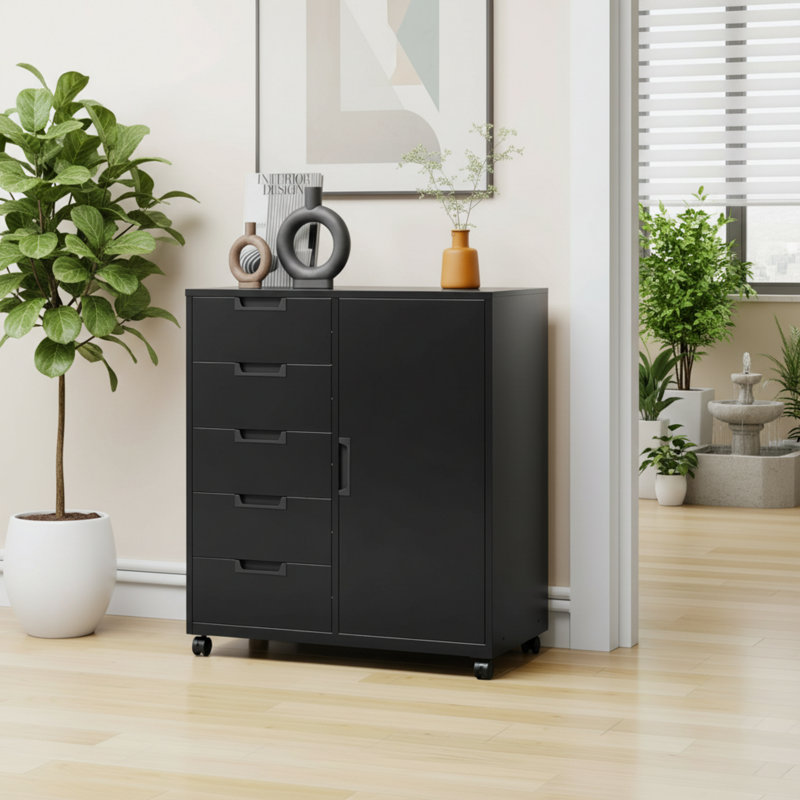 Black 5-Drawer Metal Mobile Cabinet, Also Serves As A Printer Rack/Craft Cabinet/Dressing Table, Suitable For Home Offices.