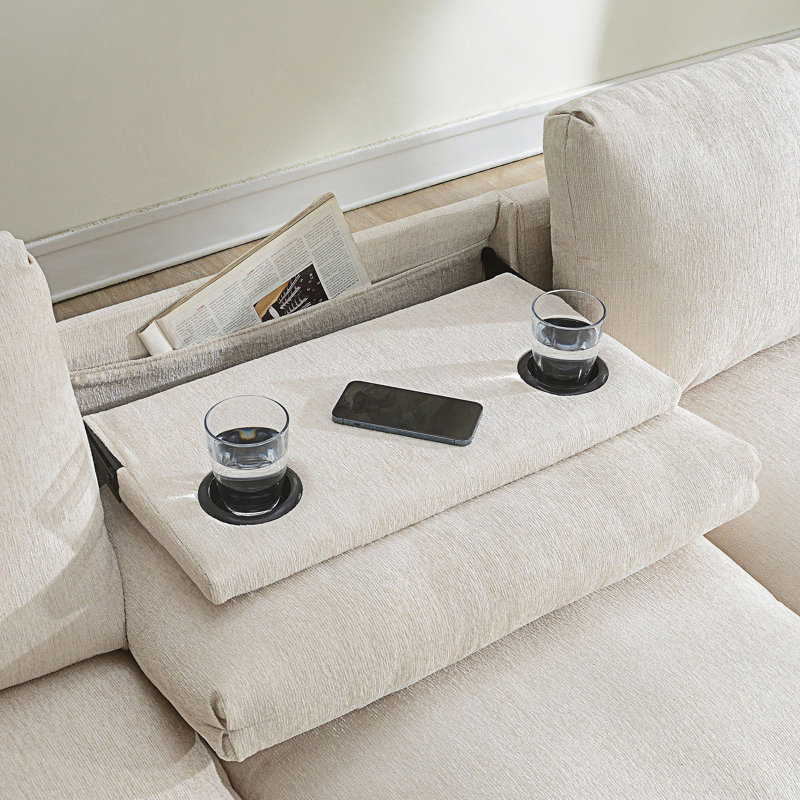 Sectional Sofa With Bluetooth Speaker, Comfy Cloud Couch Set With Drop Down Table And Cup Holders, Beige