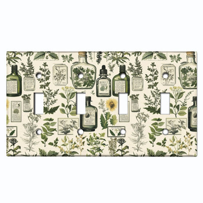 Metal Light Switch Plate Cover; US Standard Size 4 Gang Toggle - Vintage Herbal Bottles