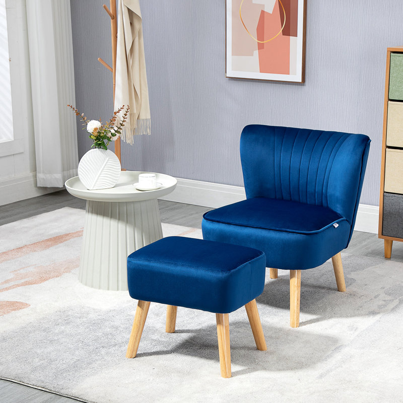 Brookeville Velvet Barrel Chair with Footstool, Blue