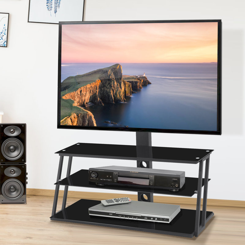 Meuble télé ajustable en verre noir convenant à des téléviseurs de 32 à 65 pouces avec hauteur de gestion des câbles dissimulée pour des présentoirs et un look élégant