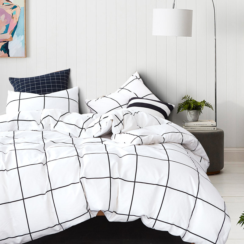 Grid Comforter Set Plaid Bedding Set 1 Checkered Comforter with Pillowcases, King Comforter + 2 King Pillowcases, White Grid