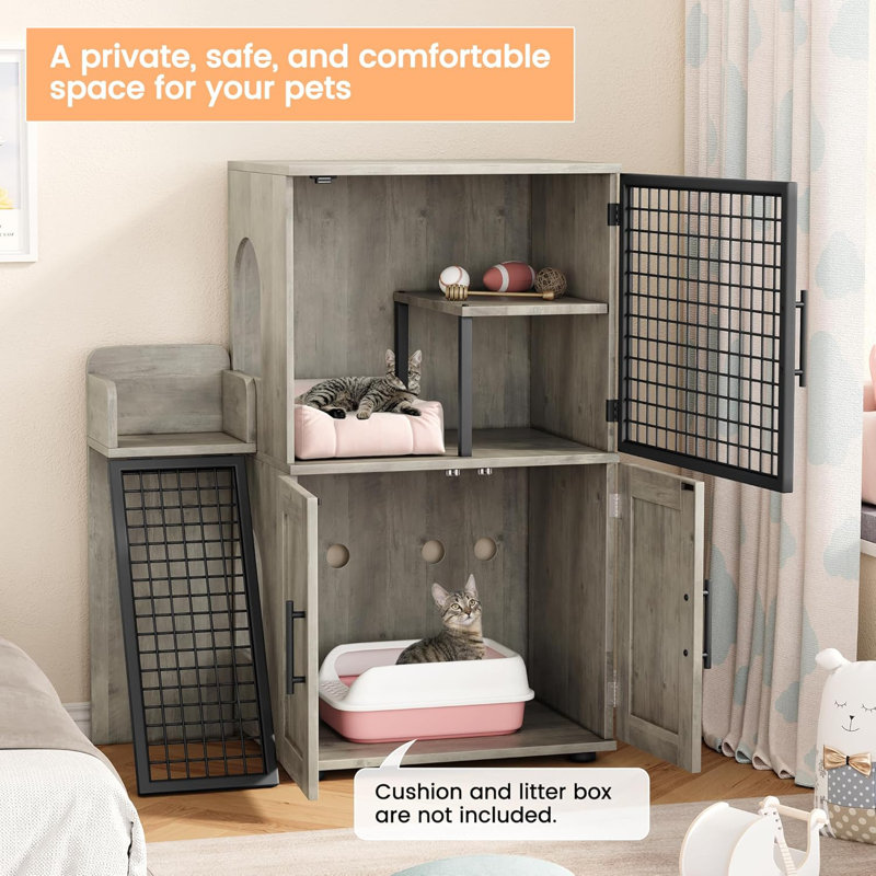 Gray MDF and Iron Cat Litter Box Enclosure with Ladder