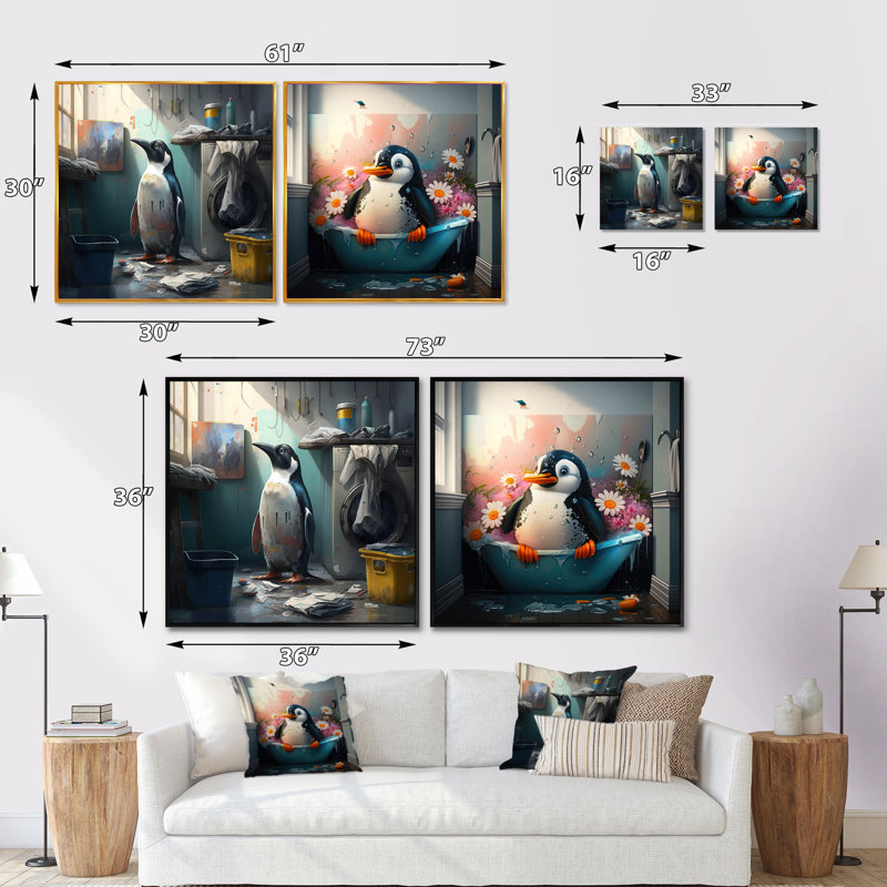 Mignon pingouin faisant la lessive - ensemble de 2 animaux carrés, Cadre flottant doré, H 30 po x l 61 po