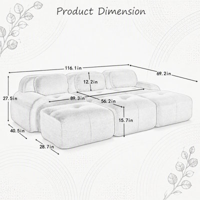 Canapé modulaire à trois places avec 3 repose-pieds, tissu en velours côtelé, sans assemblage, convient aux animaux de compagnie, accoudoirs courbés ultra-larges, éponge à haute résilience 32D pour les salons et les salles multimédia, chameau