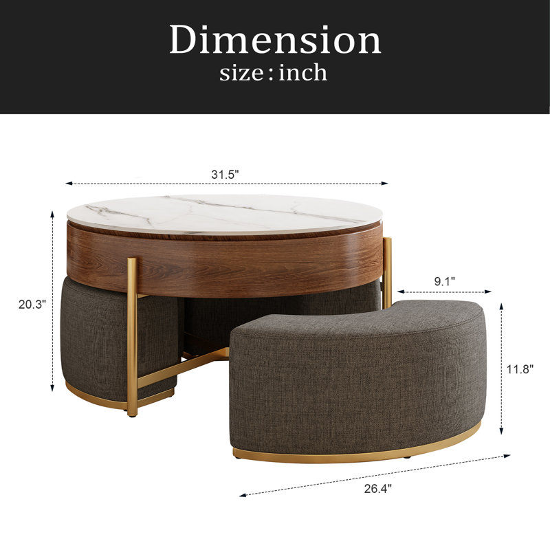 Table basse moderne à plateau relevable avec rangement caché, placage en noyer et plateau en pierre frittée, 3 repose-pieds gigognes rembourrés, conception peu encombrante, entièrement assemblée