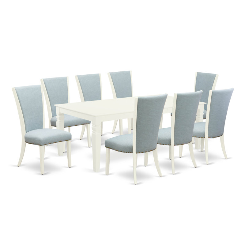 9 Piece Dining Set Includes a Rectangle Dining Room Table with Butterfly Leaf and 8 Baby Blue Linen Fabric Upholstered Chairs, Linen White