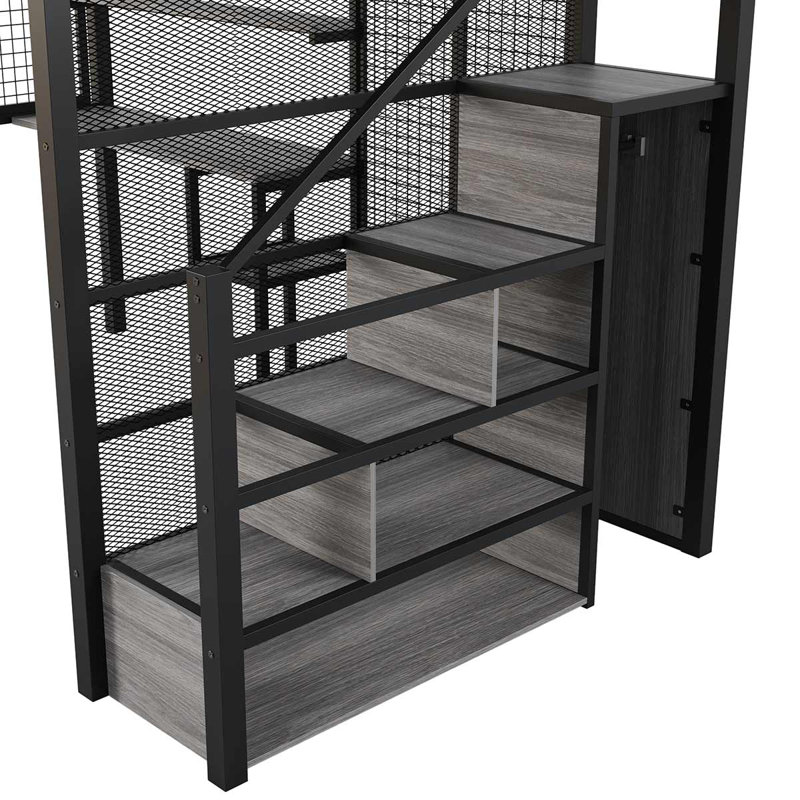 Lit mezzanine double avec escalier de rangement, lit mezzanine avec garde-robe et bureau pour économiser de l'espace