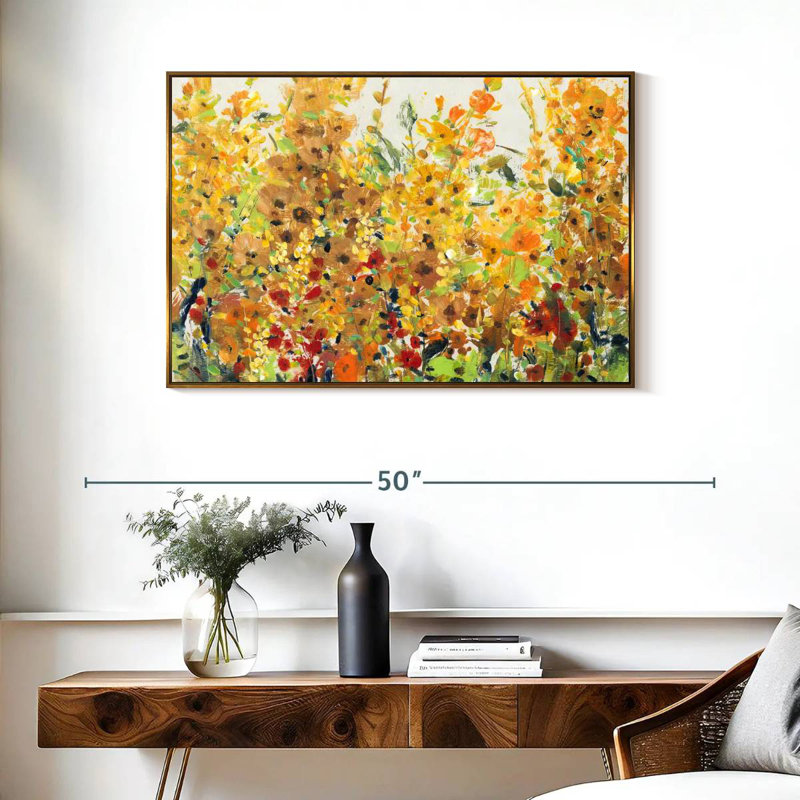 Golden Summer Garden I, 37 po x 25 po, Cadre flottant doré