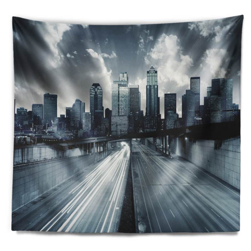 Tapisserie cityscape city avec teinte bleu, H 32 po x l 39 po