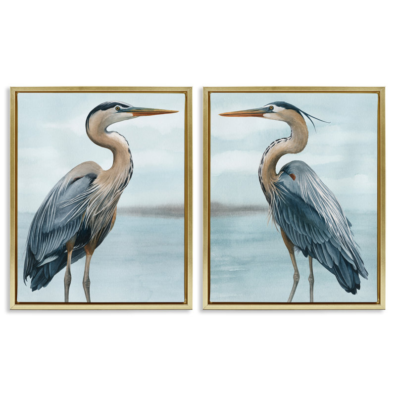 «Détaillé Heron Bird Duo», ensemble de 2 toiles flottantes encadrées par Grace Popp, Cadre flottant métallique doré