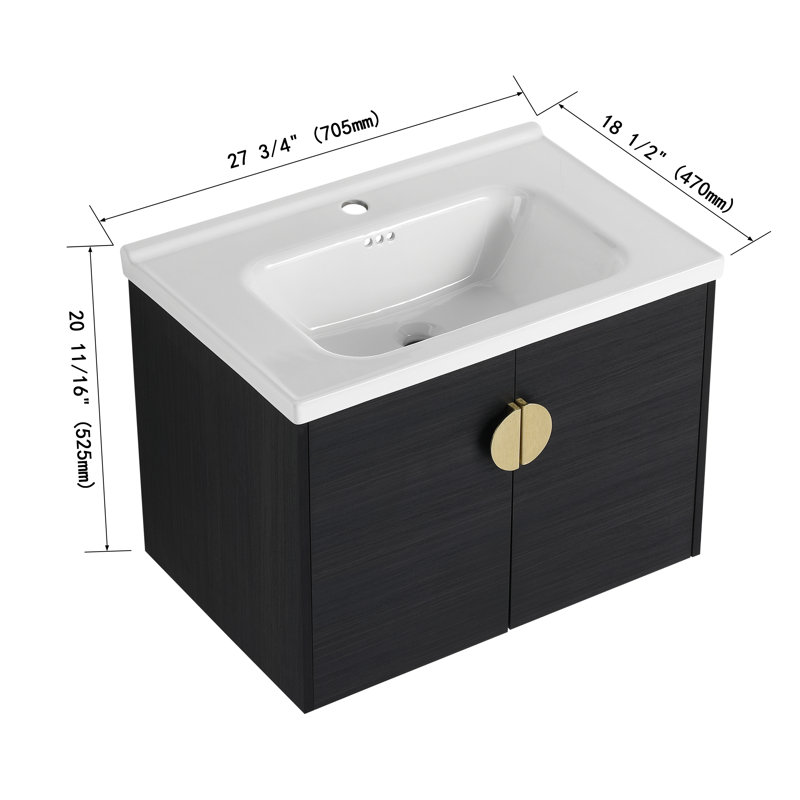 Meuble-lavabo mural simple 28 po avec comptoir en céramique Lydianna, Noir