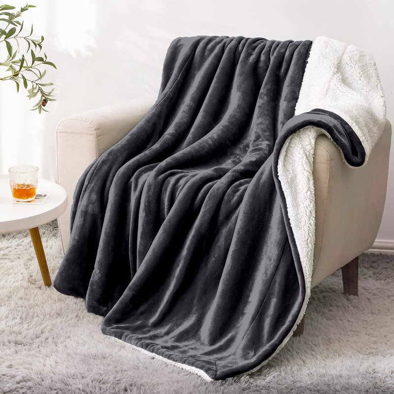 Sherpa Fleece Fur Thick Reversible Blanket Throw, Grey, 240cm x 200cm