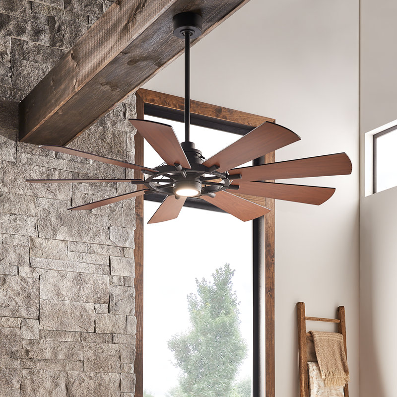 Kichler Gentry 65" 9 - Blade LED Windmill Ceiling Fan with Wall Control and Light Kit Included, Distressed Black