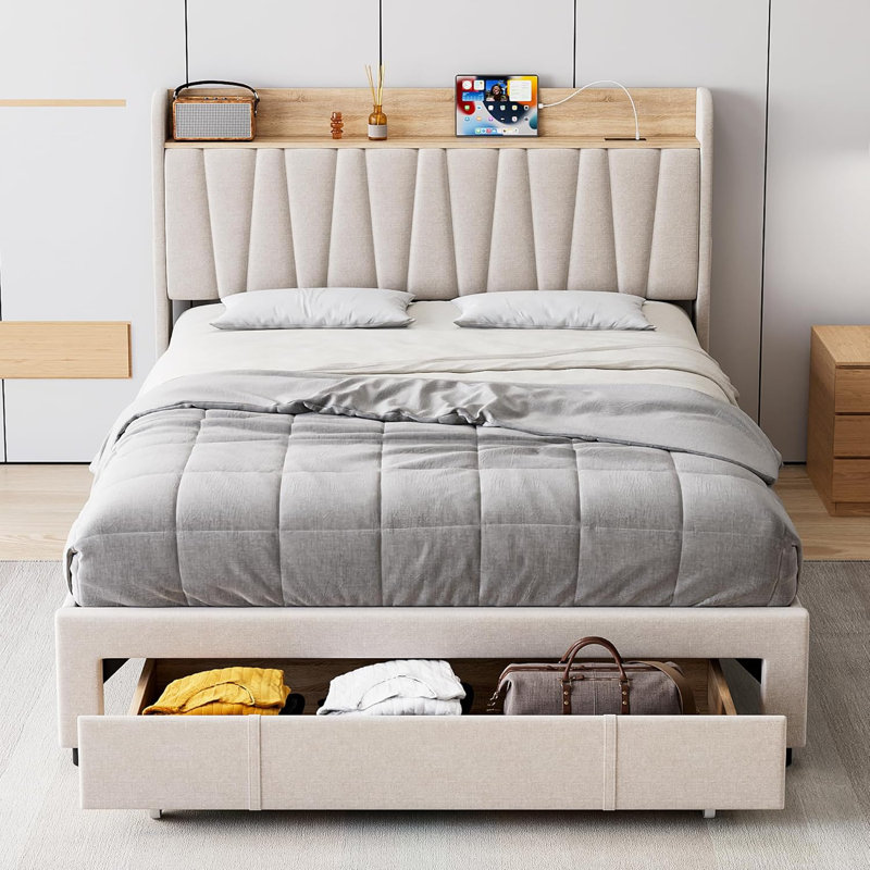 Bed Frame, Storage Headboard and Charging Station, Full, Beige