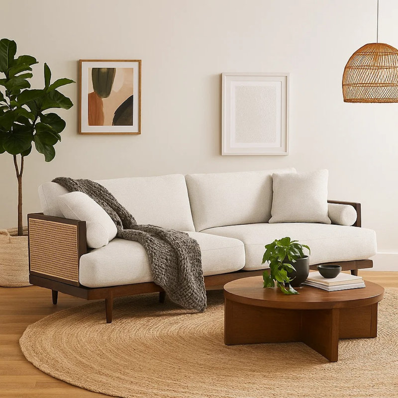 Canapé Senu, 2 coussins, coussin beige, rotin brun noyer 87 po, Noyer brun