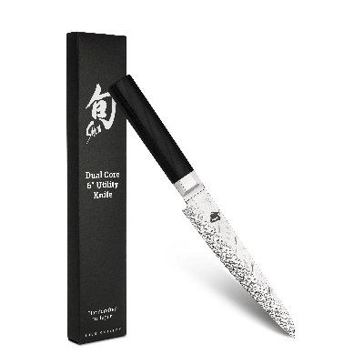 Shun Dual Core 6" Utility / Butchery Knife, Handcrafted Japanese Kitchen Knife, VG10 and VG2 Damascus Steel Blade, Pakkawood Handle, Precision and Sharpness for Professional and Home Chefs