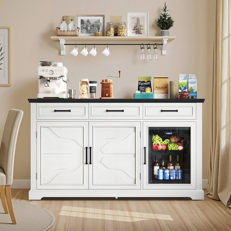 60'' Farmhouse Coffee Bar Sideboard with Built-in Beverage Fridge, Drawer Storage, and Adjustable Shelves for Dining or Living Room