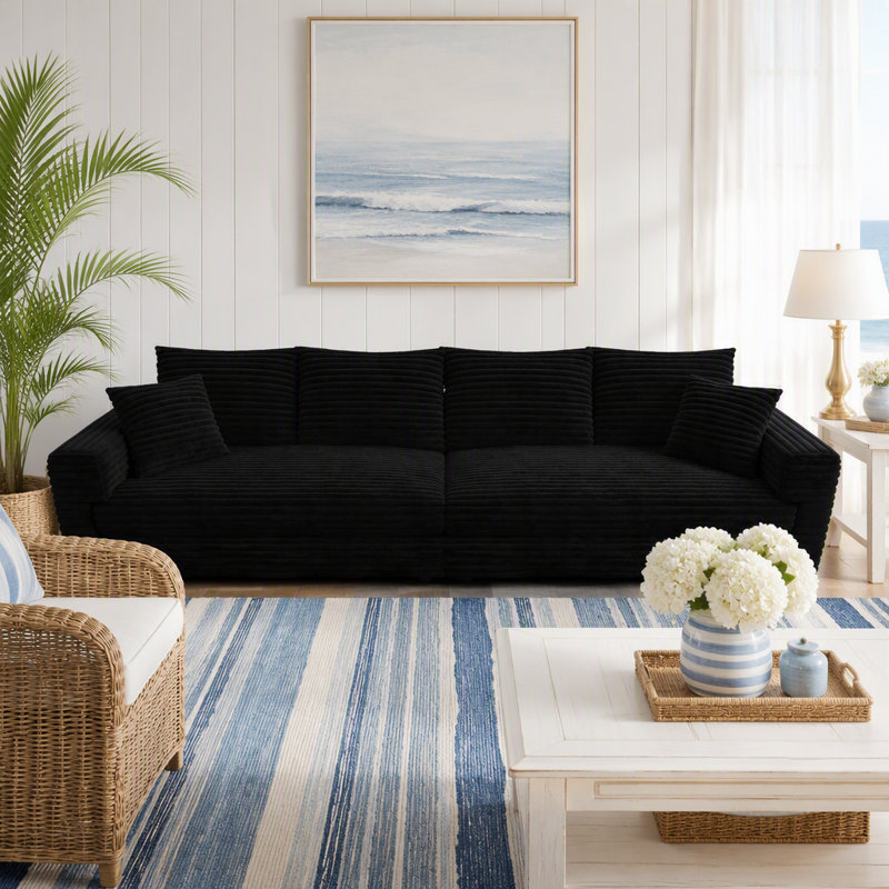 Canapé 102,4 po en velours côtelé 102,4 po, canapé-lit rembourré moderne et confortable, sièges profonds avec coussins moelleux et 3 repose-pieds, fauteuil convertible, noir