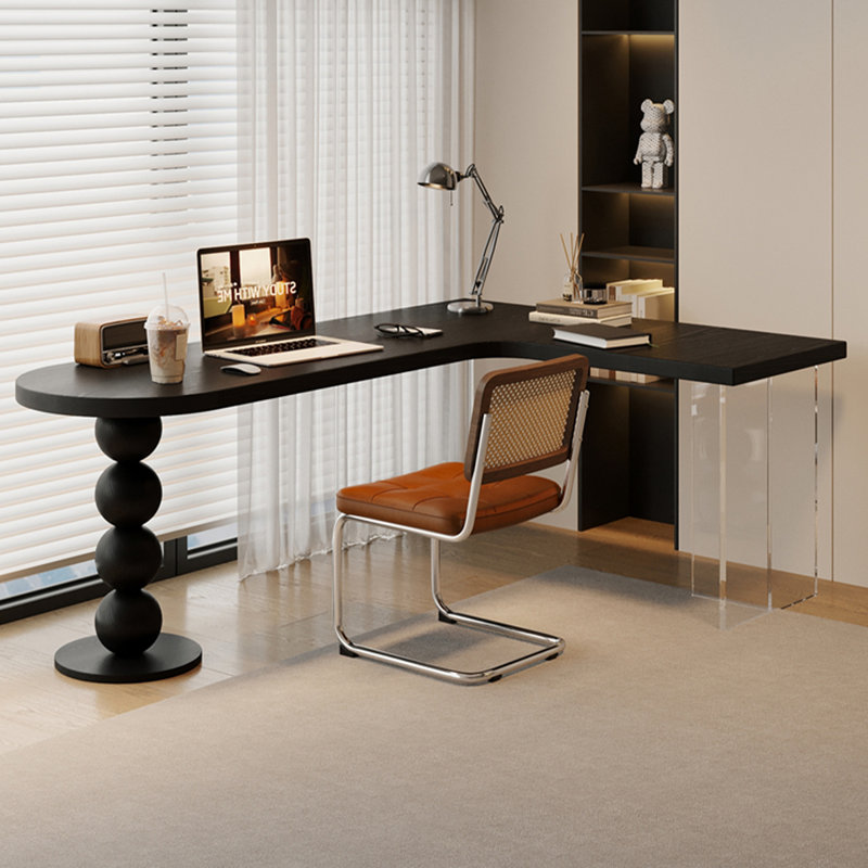 Bureau en bois massif en forme de L noir + bureau en acrylique, H 29,53 po x l 70,87 po x P 39,37 po, Retour à droite