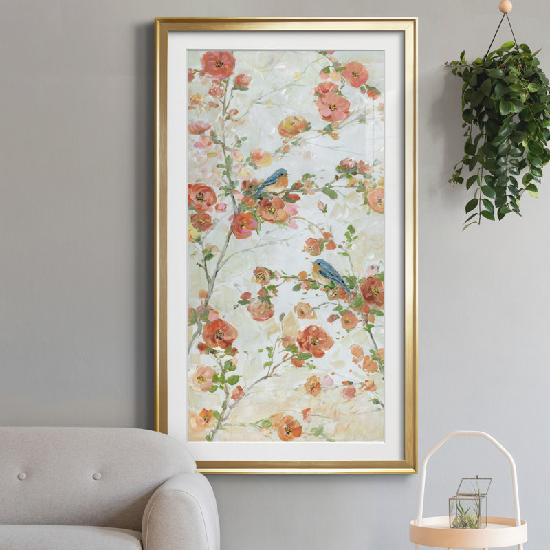 Bluebirds and Blossoms - Imprimé, H 22,5 po x l 42,5 po x P 1,5 po, Or