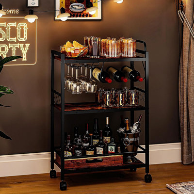 3-Tier Rolling Kitchen Serving Cart With Wheels And Handle, Microwave And Beverage Cart With Wine Holder And Glass Holders For Dining Room Or Living Room – Black