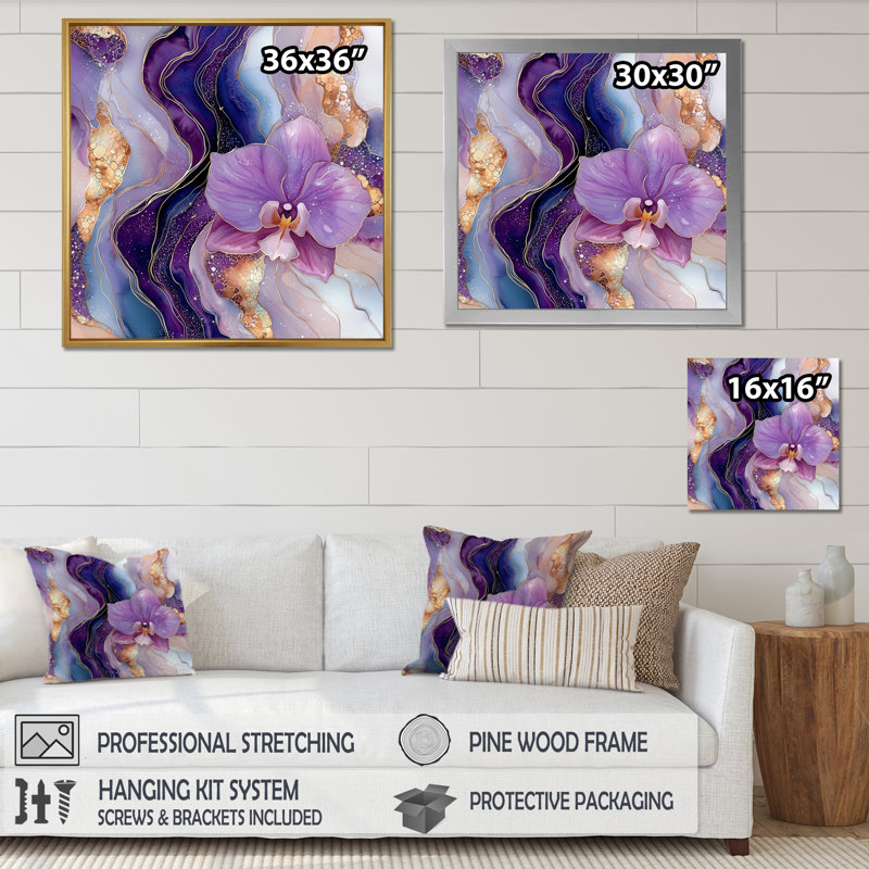 Marbre symphonie d'orchidée I - impression murale orchidée, H 16 po x l 16 po, Noir